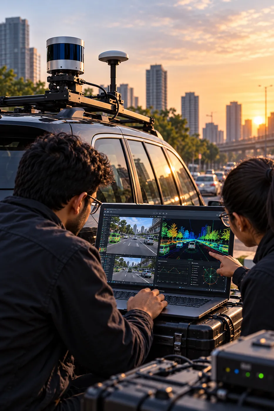 Engineers in the field calibrating a sensor rig