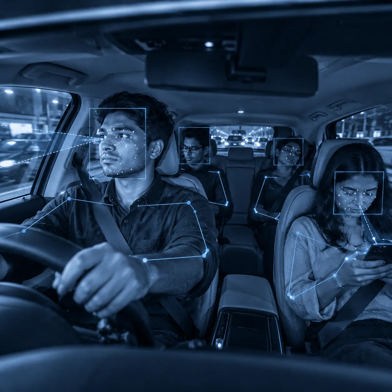 Driver-monitoring camera view inside a car cabin, infrared look