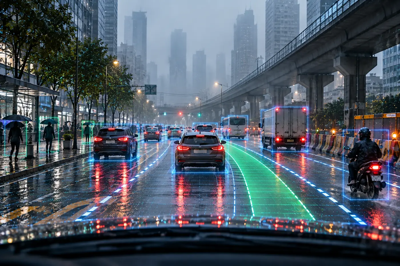 Dense city street in rain or fog, seen from a vehicle camera