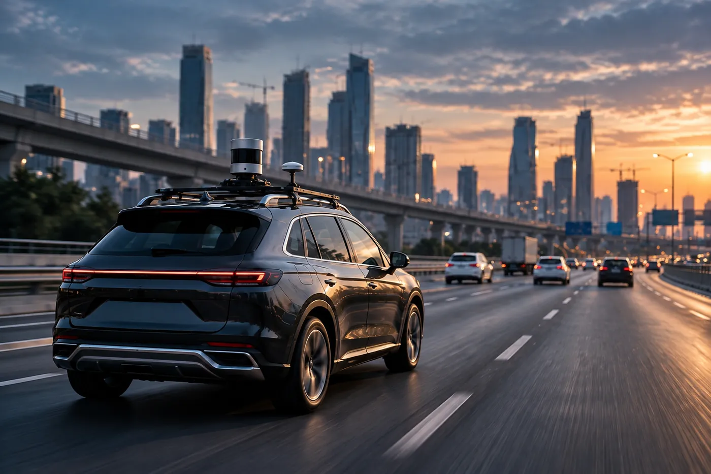 Test vehicle with roof-mounted sensor rig on a highway
