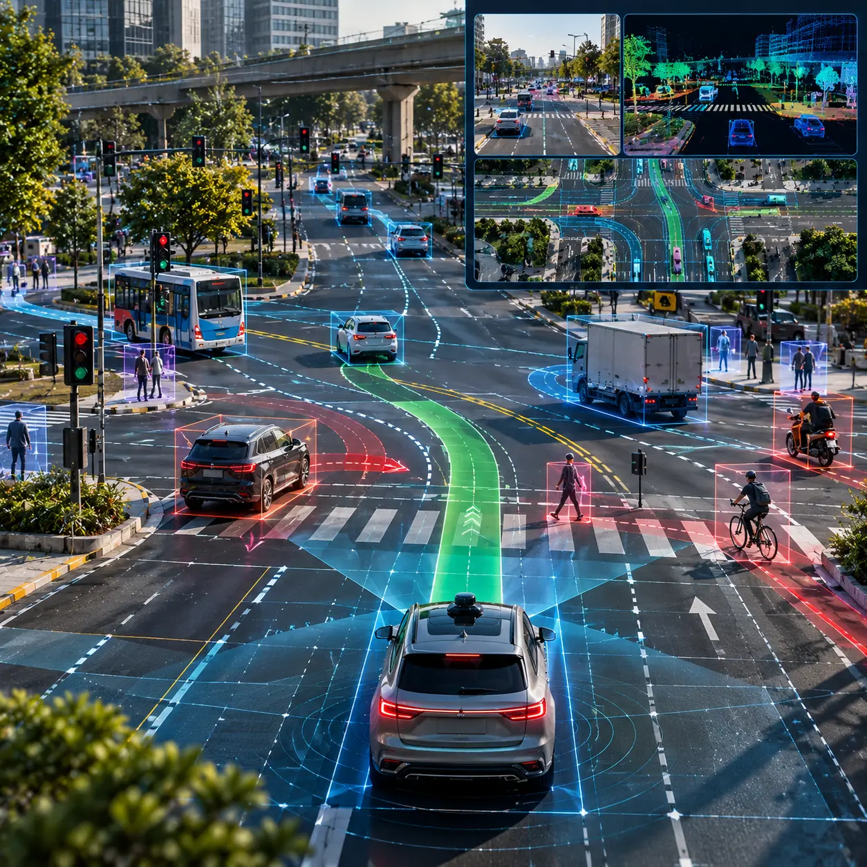 HD map simulation of a junction with lanes and moving objects