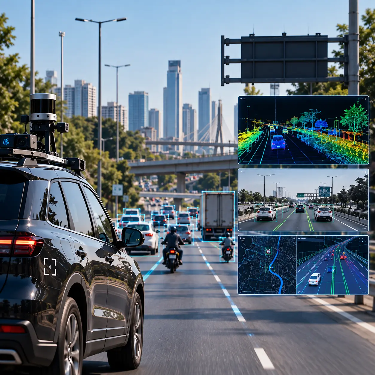 Car on a highway with ADAS sensor overlay, or a driver-monitoring cabin view