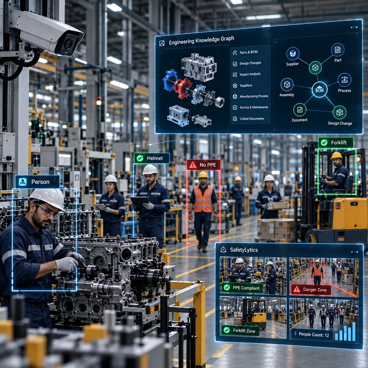 Factory floor with workers in safety gear and machinery