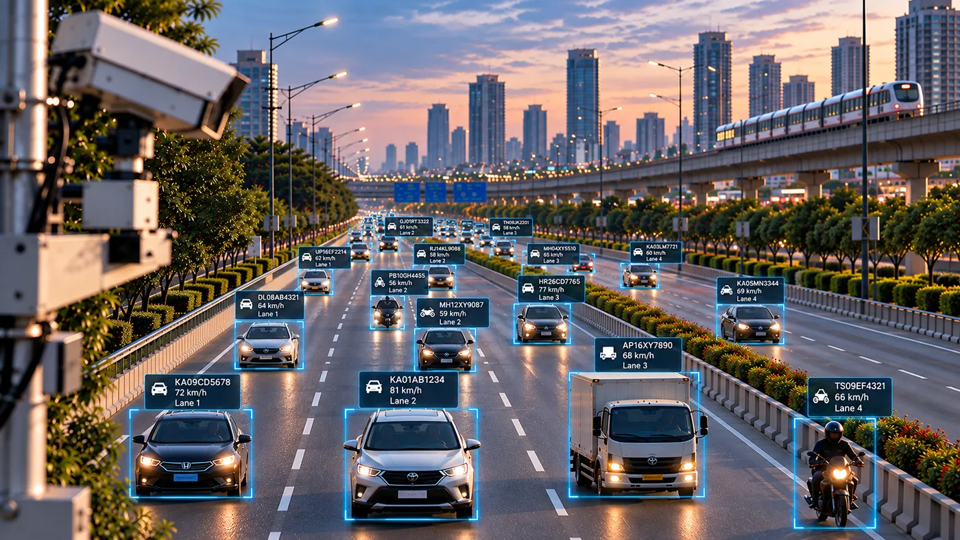 Multi-lane traffic at night with number-plate detection boxes