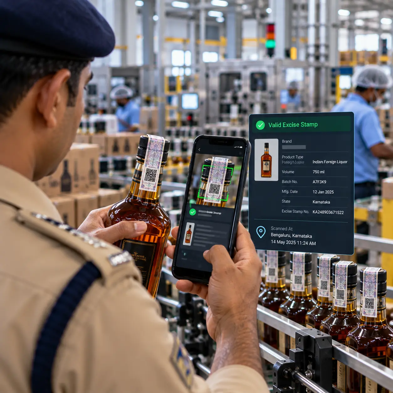 Close-up of a secure excise stamp being scanned with a phone