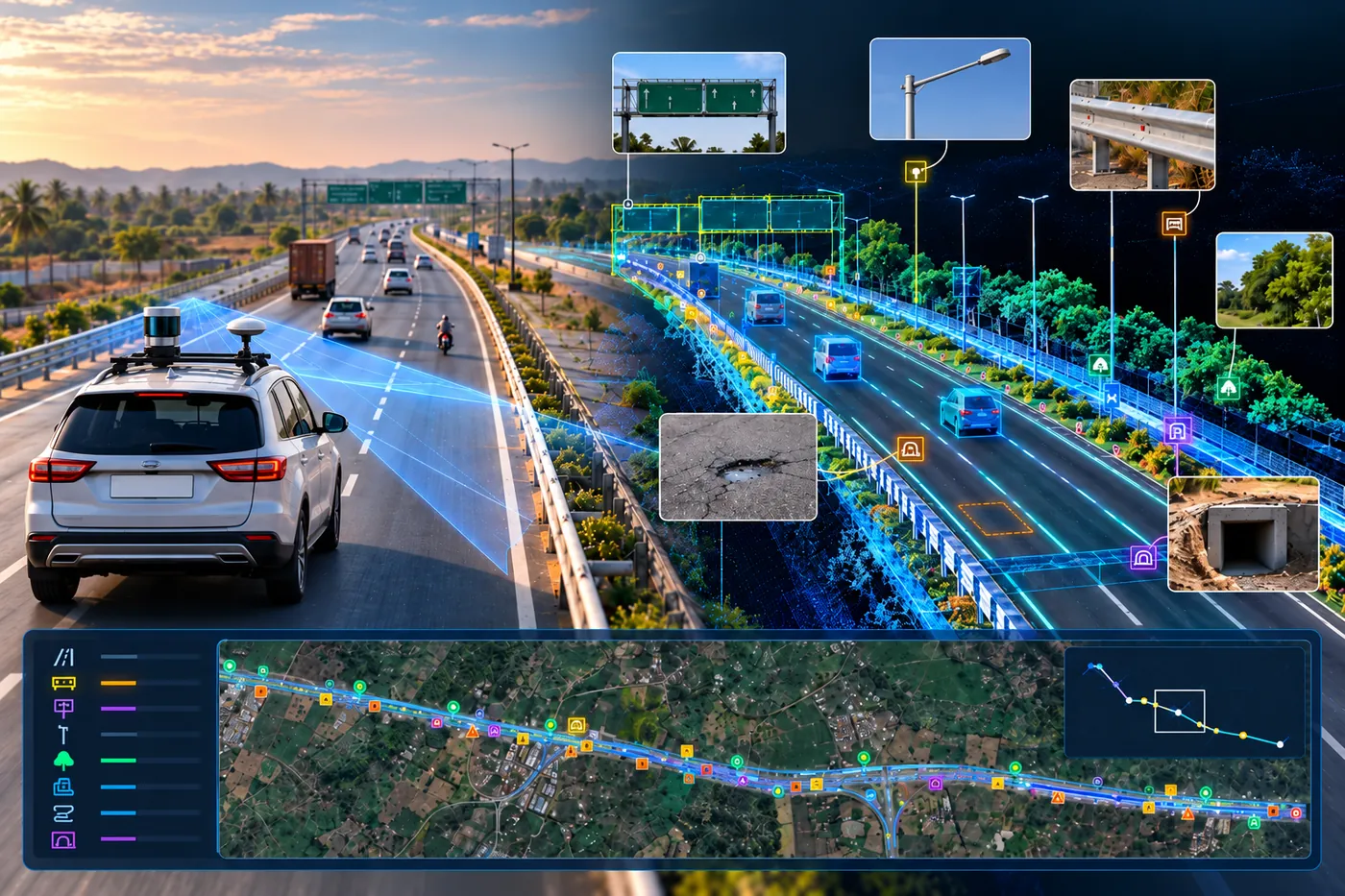 Digital twin of a highway corridor with roadside assets marked
