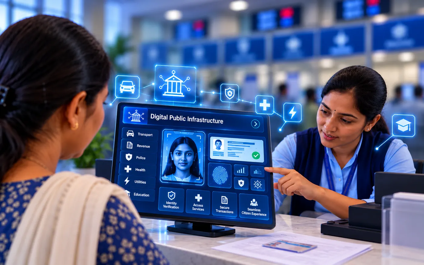 Citizen using a government services app on a phone at an assisted counter