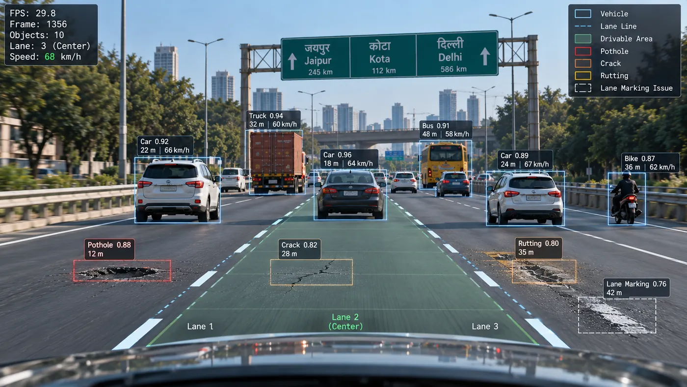 Survey vehicle on a highway, with road-condition overlay