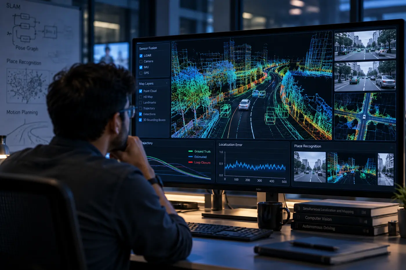 Researcher reviewing SLAM point-cloud output on screen