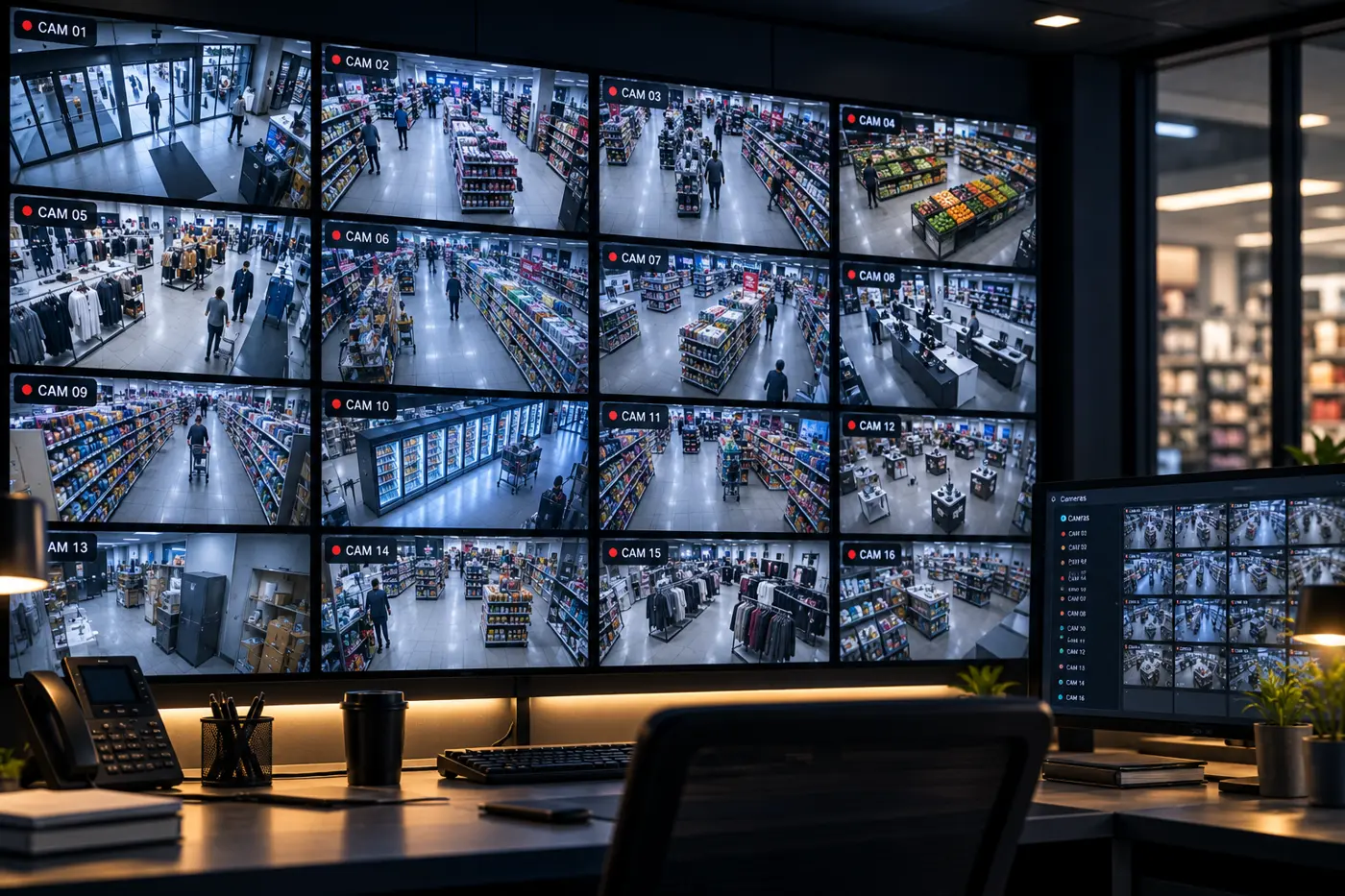 Wall of CCTV monitors in a store back office