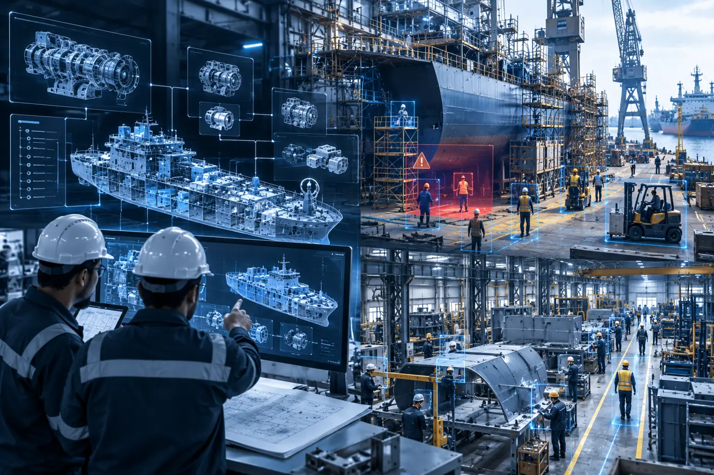 Shipyard or factory floor with engineers reviewing drawings