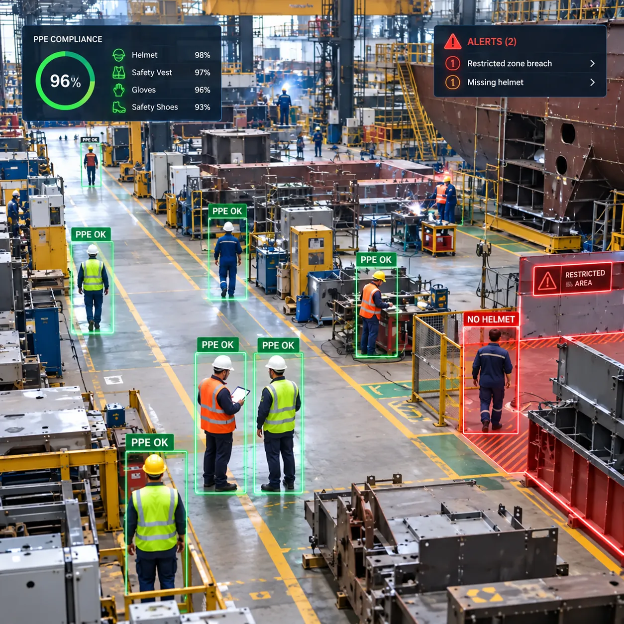 Factory floor CCTV view with PPE detection boxes on workers