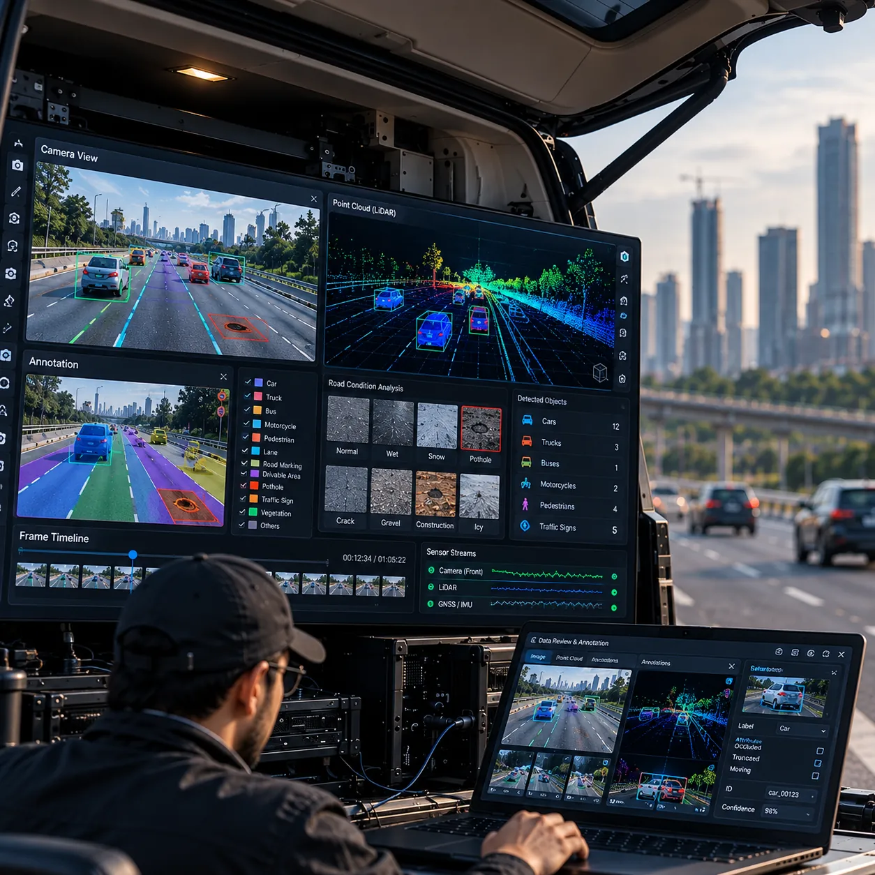 Edge compute unit in a vehicle or robot, with live fused sensor view on screen