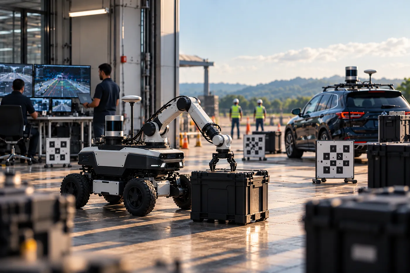 Robot arm or mobile robot in a lab, with a calibrated multi-sensor capture rig nearby