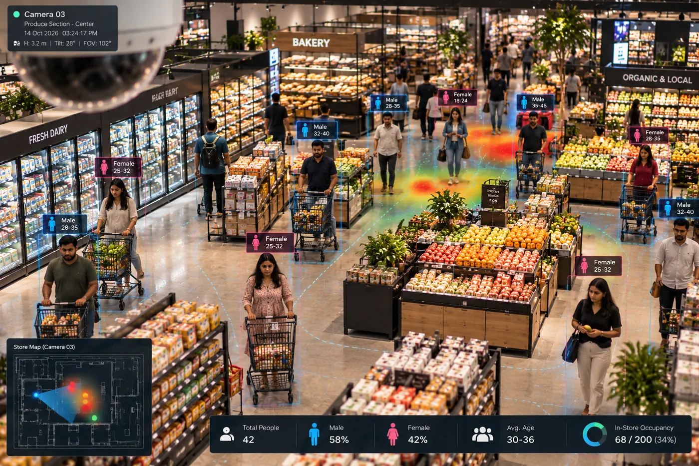 Retail aisle with footfall heatmap overlay