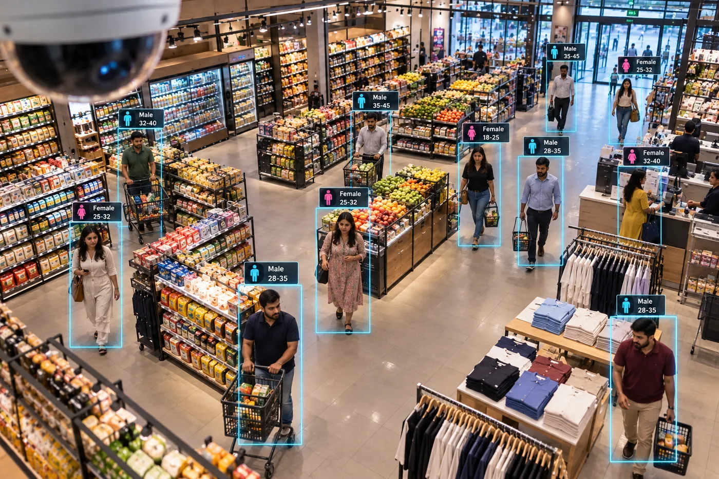 Store interior with shoppers, seen from a ceiling CCTV angle