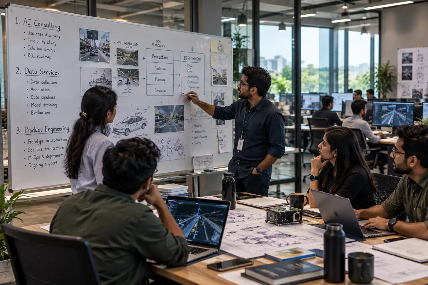 navAjna engineers and researchers working together at a whiteboard