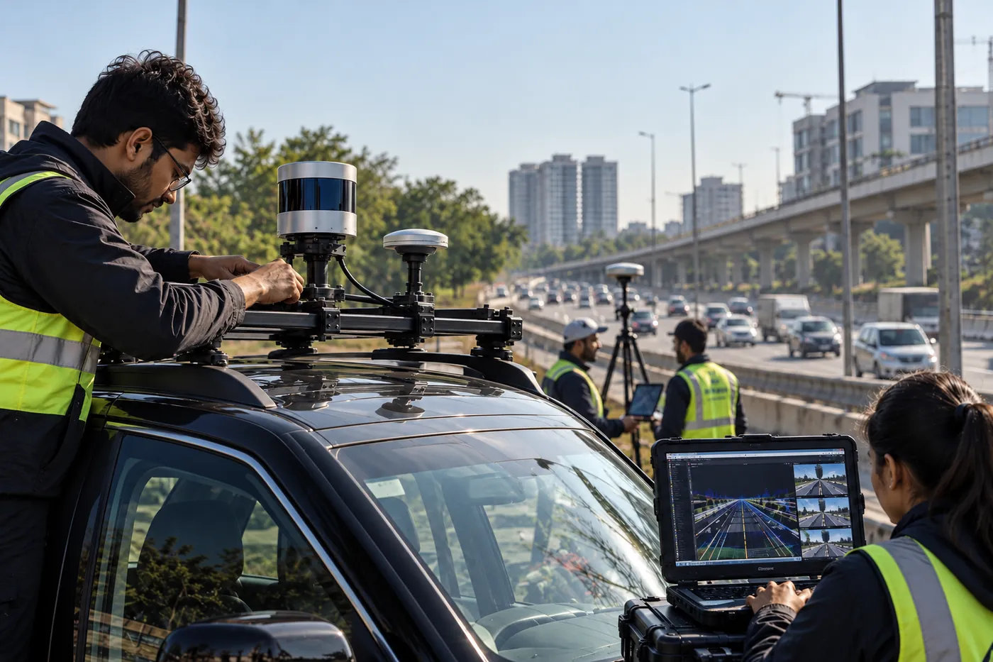 Data-capture rig close-up: calibrated cameras and LiDAR on a vehicle roof