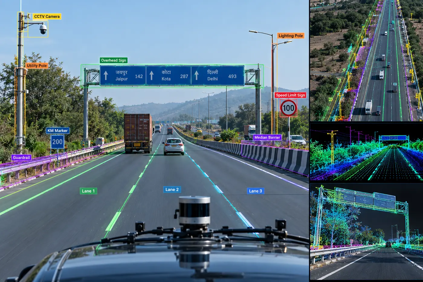 Highway digital twin with roadside assets marked
