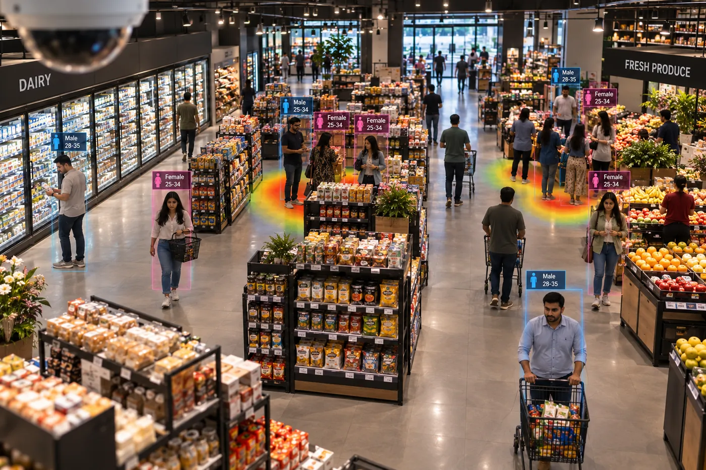 Retail aisle with footfall heatmap overlay