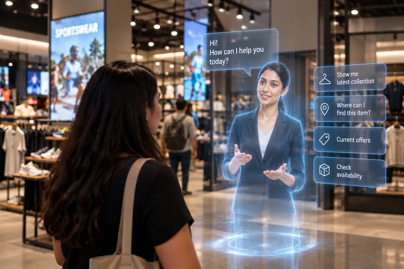 Digital human avatar on a kiosk screen talking to a visitor
