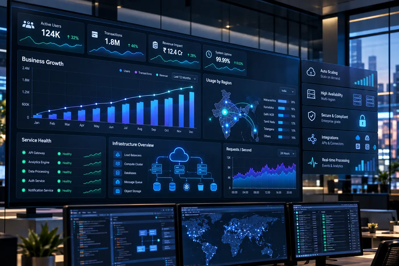 Cloud platform analytics dashboard on a large screen