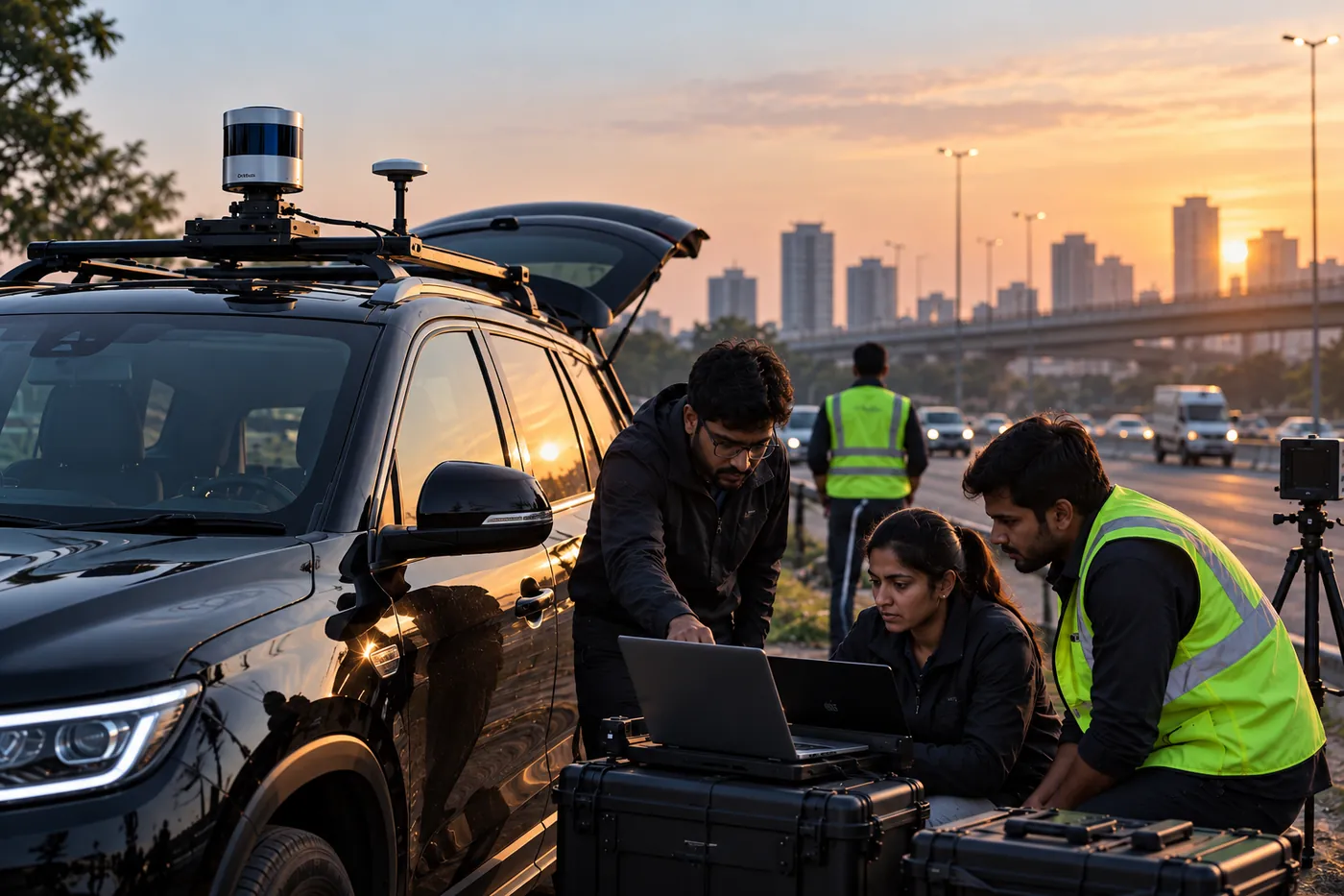 Field team with a sensor-equipped test vehicle